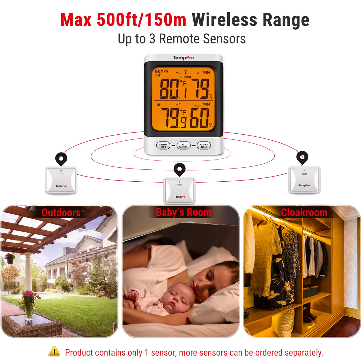 Thermomètre et hygromètre sans fil TempPro TP62B intérieur/extérieur — Portée de 150 m, max/min
