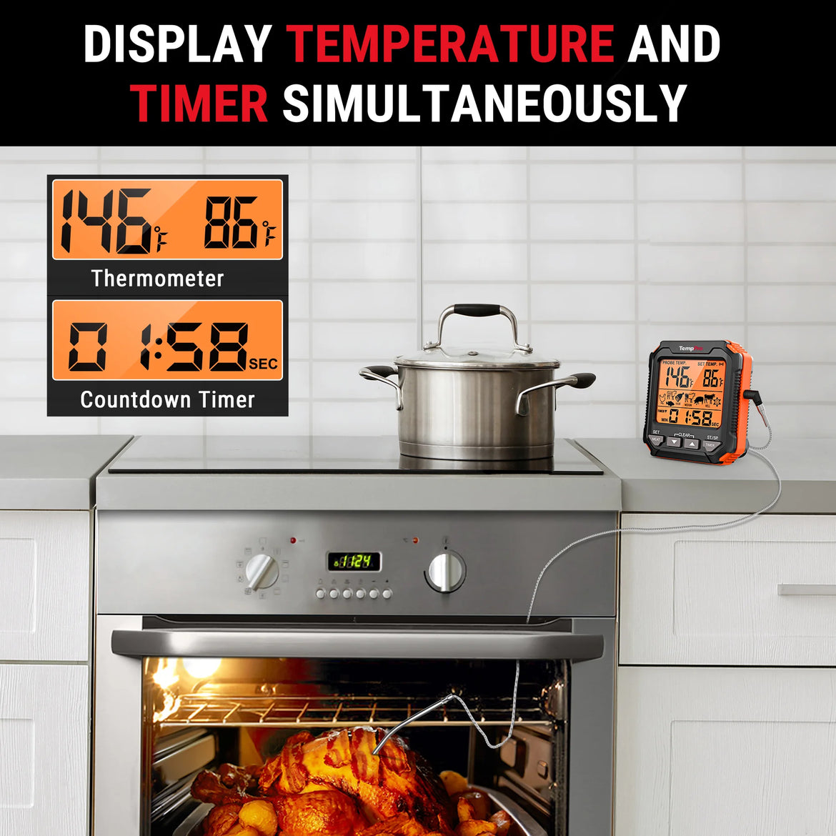 TempPro TempTrack CORE TP716 Leave-In Meat Thermometer — Oven-Safe Probe, Large Display
