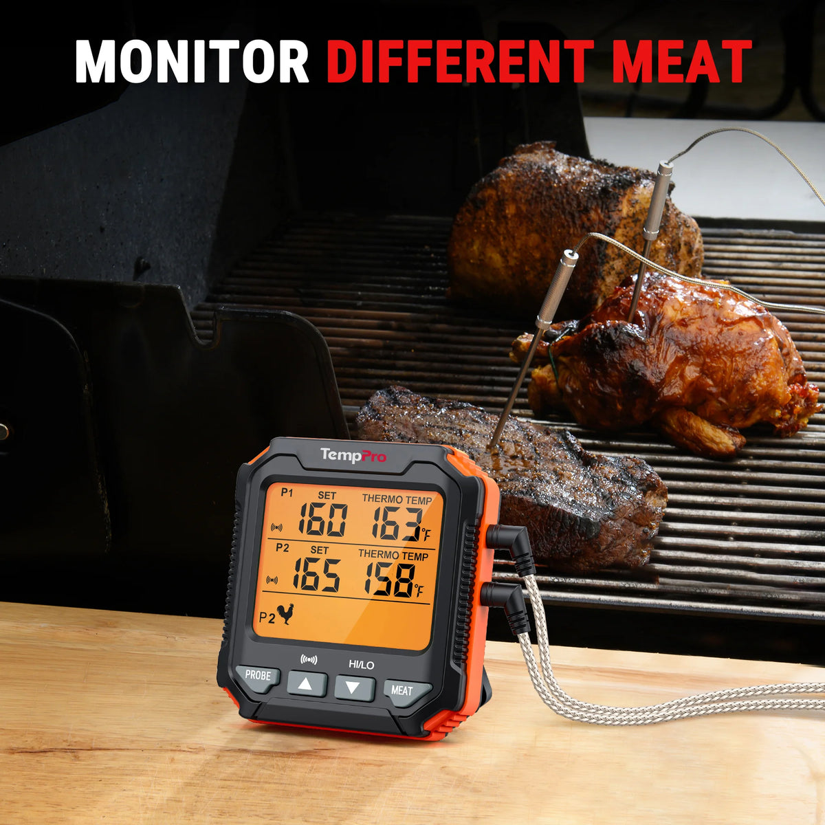 TempPro TempTrack PLUS TP717 Leave-In Meat Thermometer — Oven & Grill Safe, Backlit Display