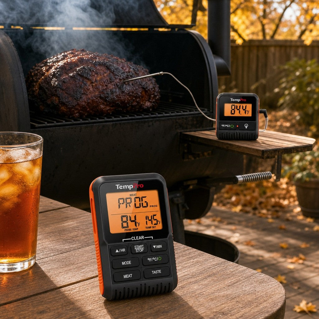 TP806BW 300FT Wireless Meat Thermometer monitoring a smoker from 300FT away