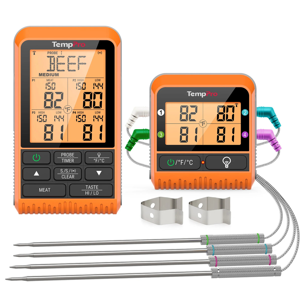 TempPro TempSync PLUS TP829B Wireless Meat Thermometer — 1000FT RF Range, 4 Probes & Dual Timers