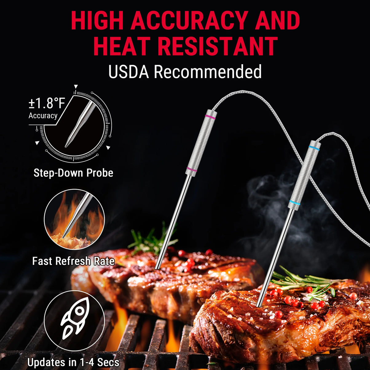 TempPro TempSync PLUS TP829B Wireless Meat Thermometer — 1000FT RF Range, 4 Probes & Dual Timers