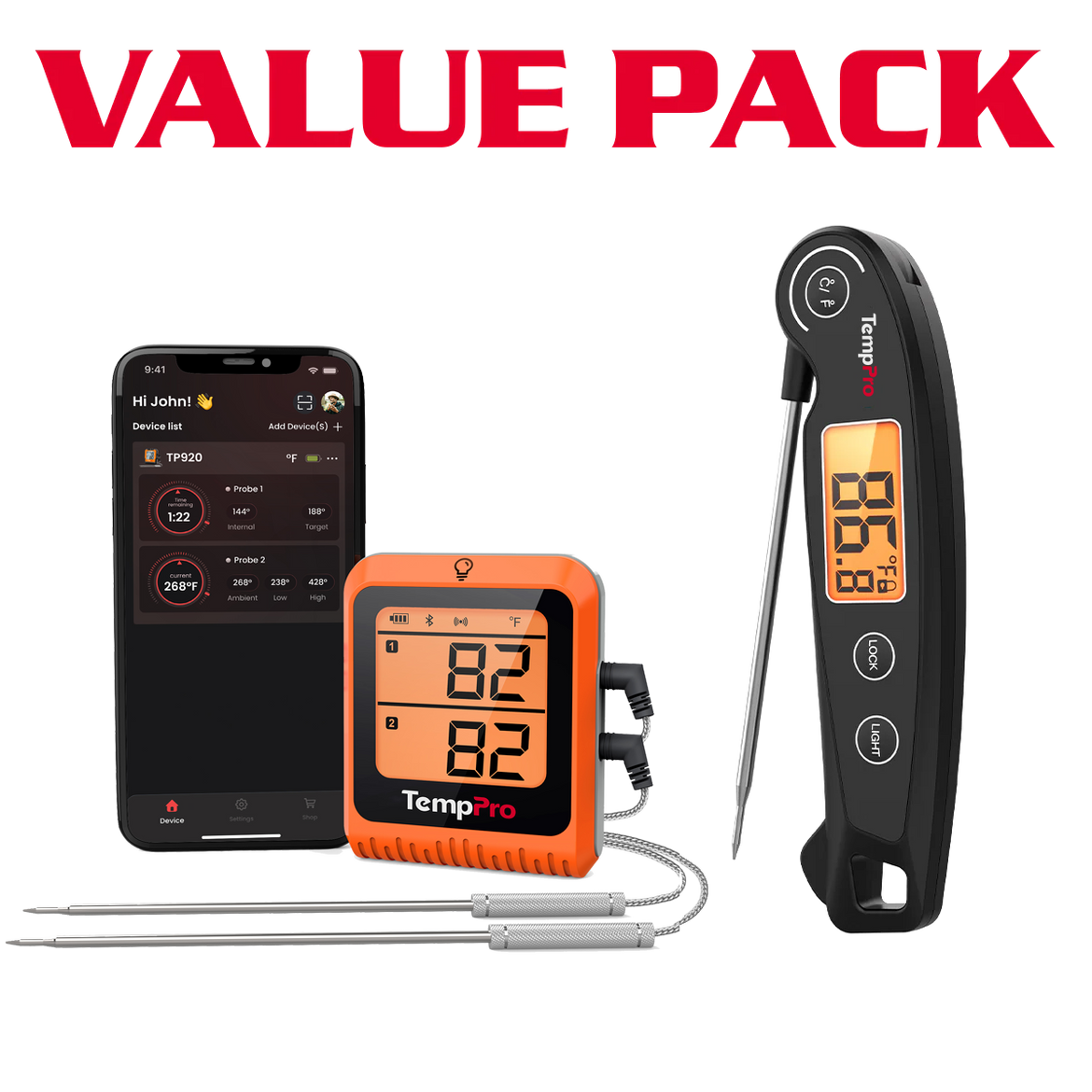 TempPro TP920 Thermomètre à viande Bluetooth + TP605 Thermomètre à lecture instantanée — Pack économique