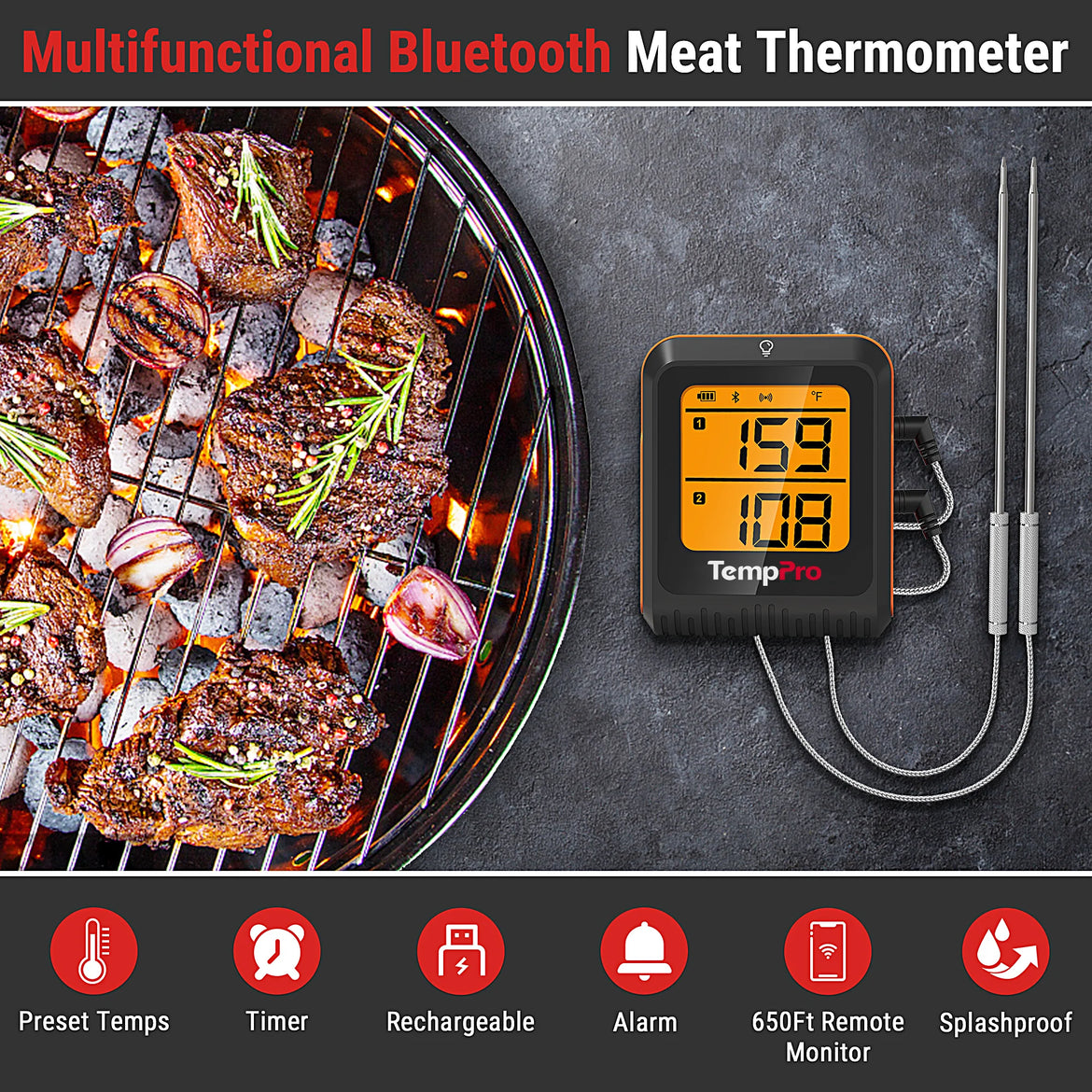 Termómetro inalámbrico para carne con Bluetooth TP920