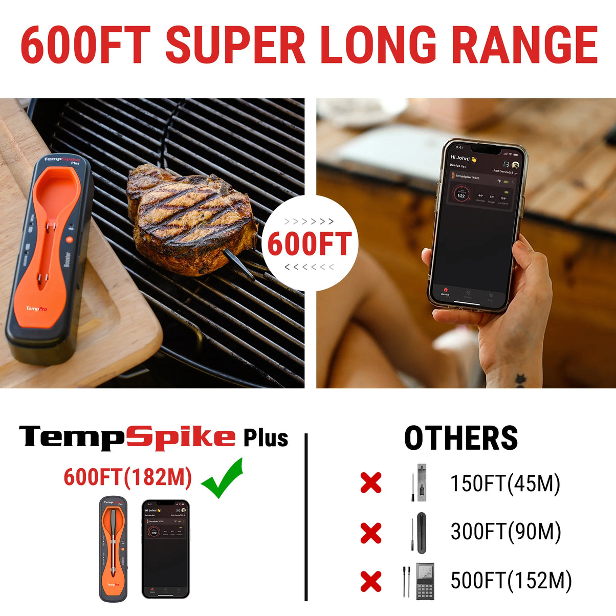 Termómetro de Carne Inteligente Inalámbrico TempPro TempSpike Plus TP970 — Totalmente Inalámbrico, Bluetooth de 180 m