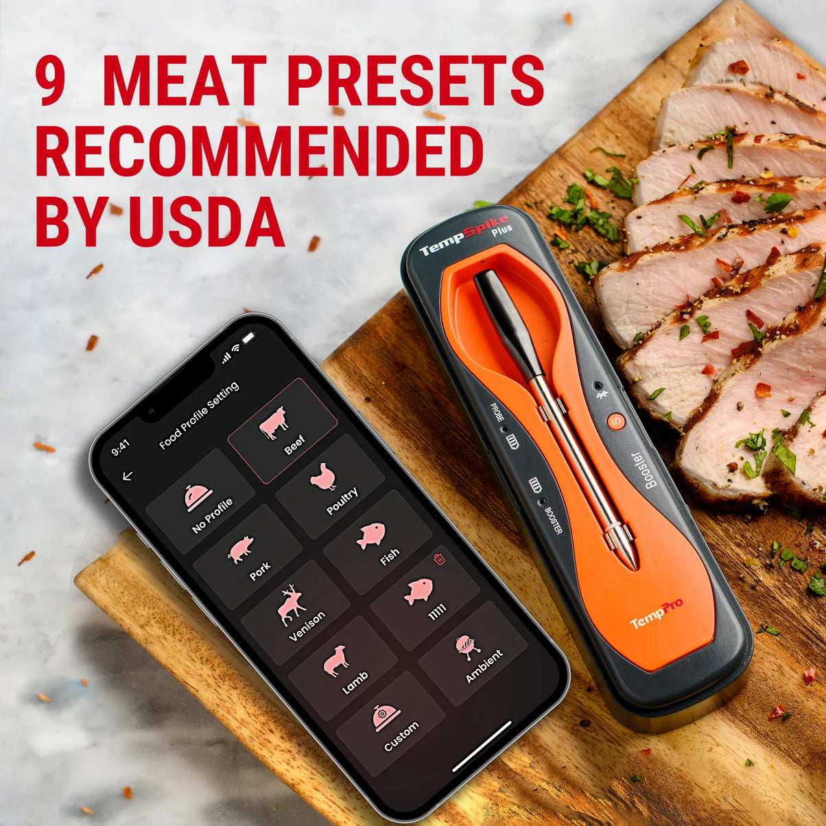 Termómetro de Carne Inteligente Inalámbrico TempPro TempSpike Plus TP970 — Totalmente Inalámbrico, Bluetooth de 180 m