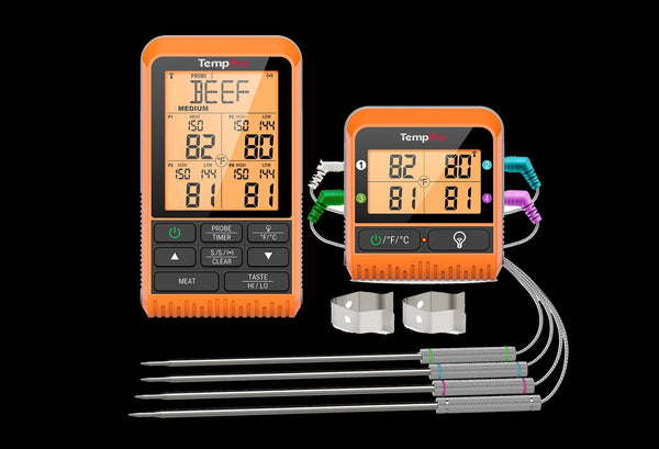 TempPro TempSync PLUS TP829B Wireless Meat Thermometer — 1000FT RF Range, 4 Probes & Dual Timers