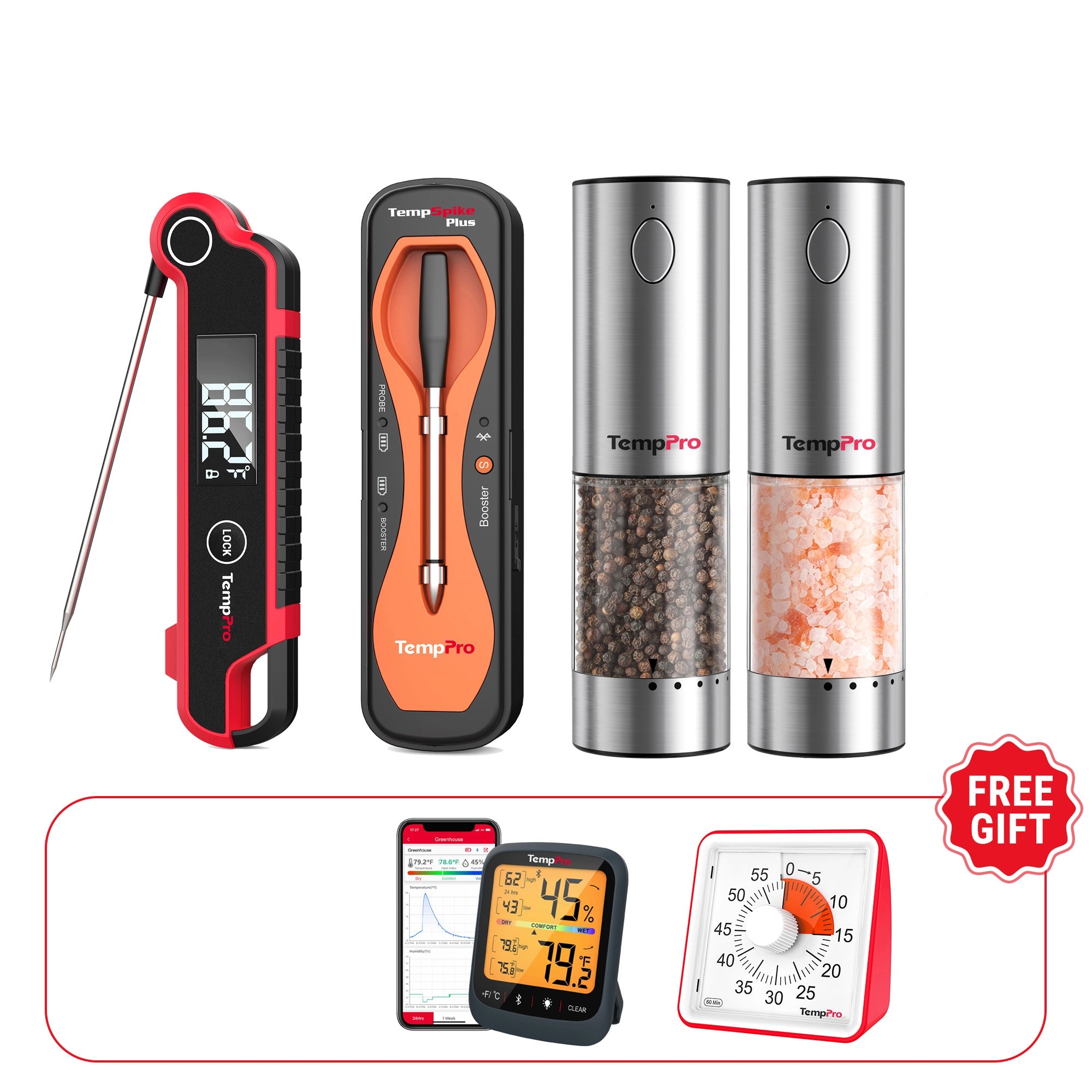 TempPro TempSpike Plus TP970 Wireless Meat Thermometer + TP620 Instant-Read Thermometer + APG710 Spice Grinder 2-Pack