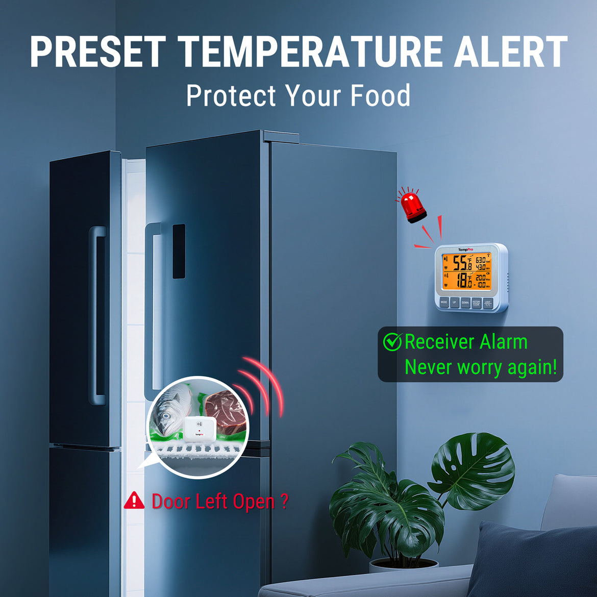 Termómetro inalámbrico para congelador y refrigerador TempPro TP210B de 500 pies con sensores duales