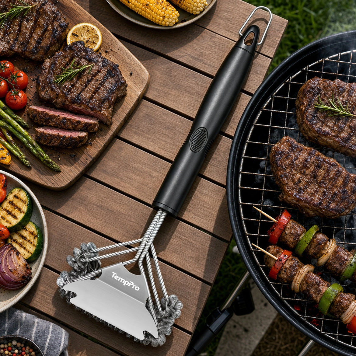 Cepillo de parrilla sin cerdas TempPro AGT300 — Triple hélice 3D, raspador incorporado
