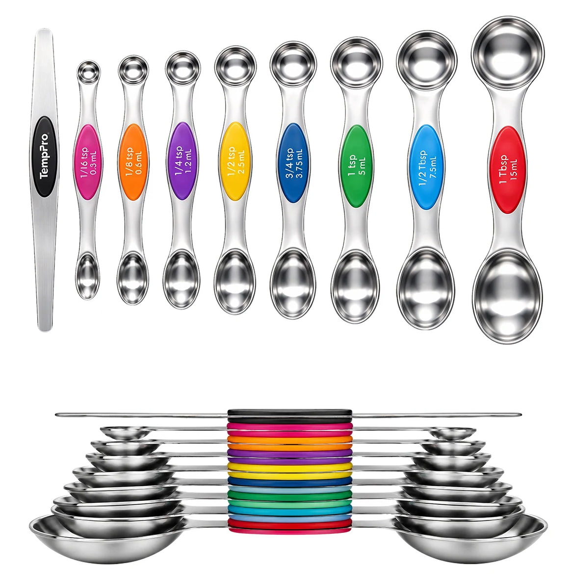 Juego de cucharas medidoras magnéticas TempPro ATY13: 9 piezas de acero inoxidable de doble cara con nivelador, compatibles con frascos de especias