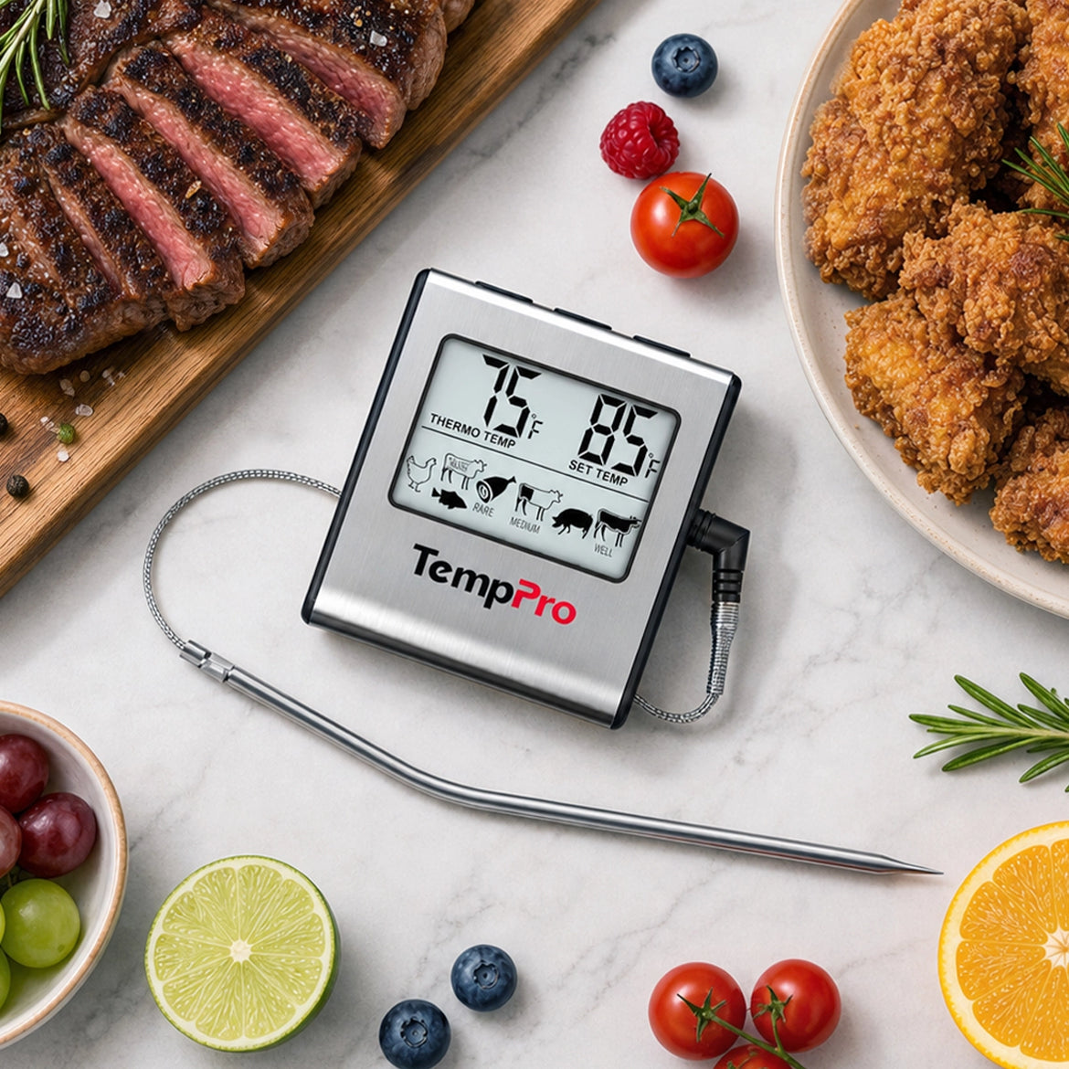 Termómetro para carne TempPro TempTrack CORE TP16 (deja insertado) — Apto para horno y parrilla, alarma programable