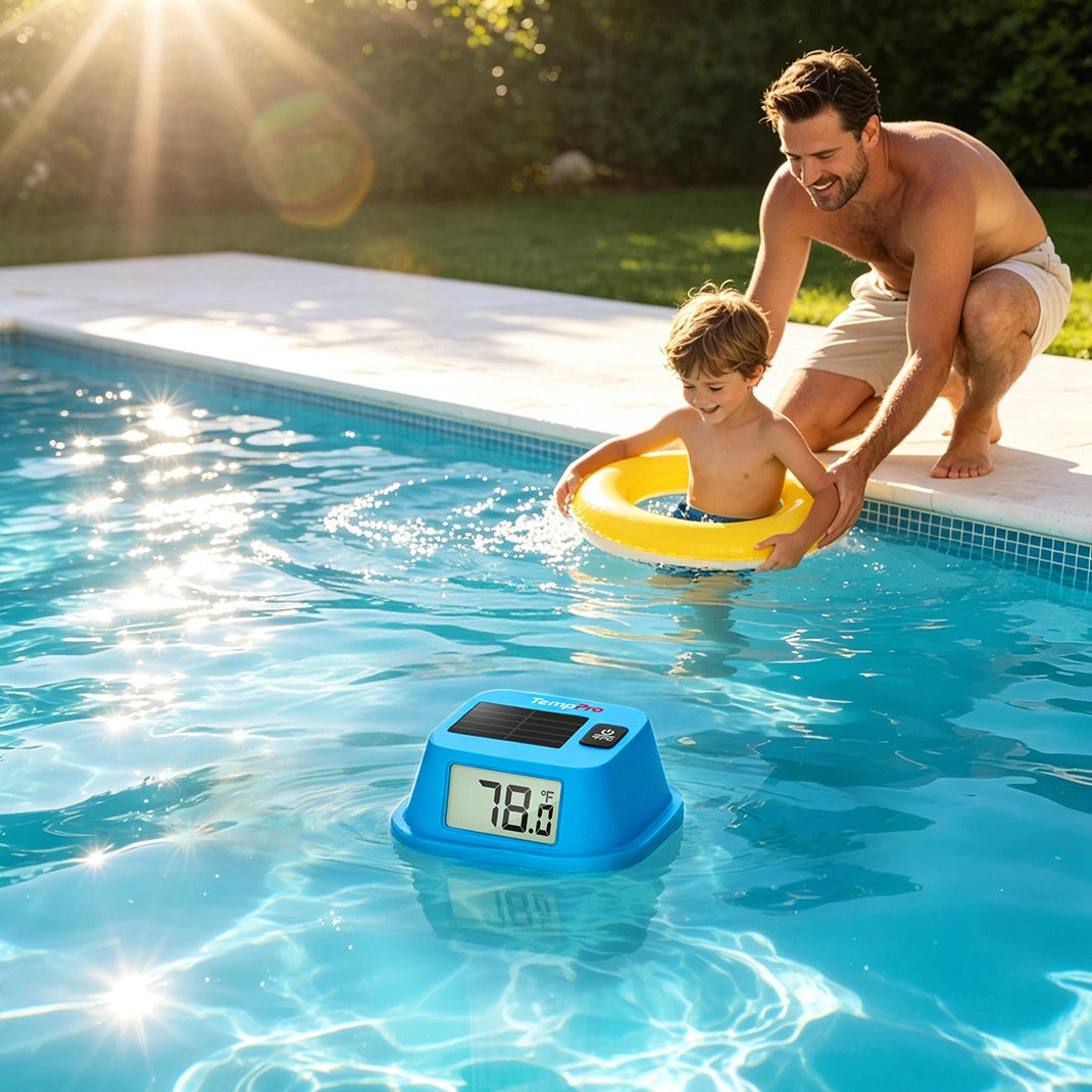 TempPro TP111 Solar Floating Pool Thermometer — IPX8 Waterproof, Dual LCD