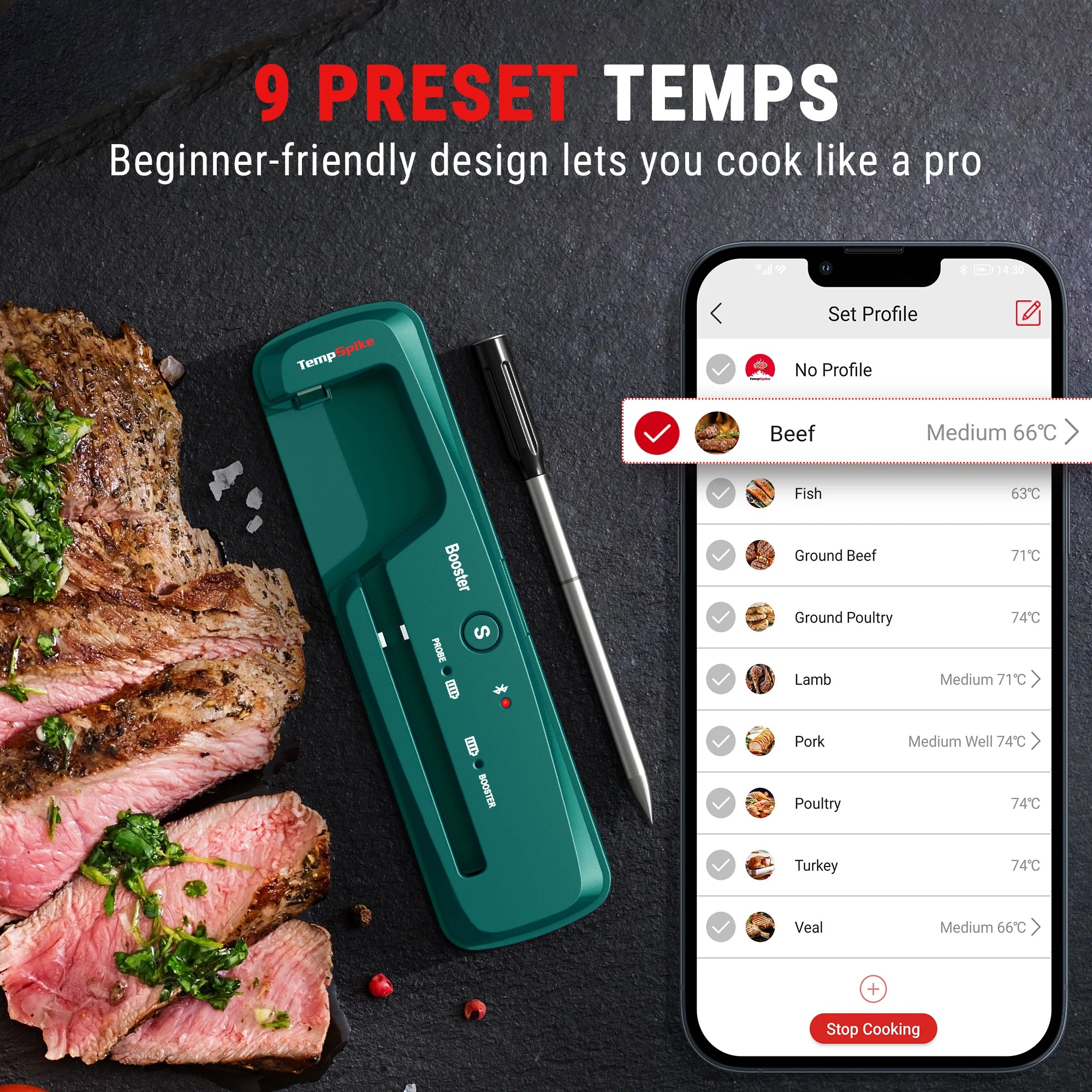 Termómetro inalámbrico para carne TP961 TempSpike con Bluetooth, color verde, alcance de 152 m