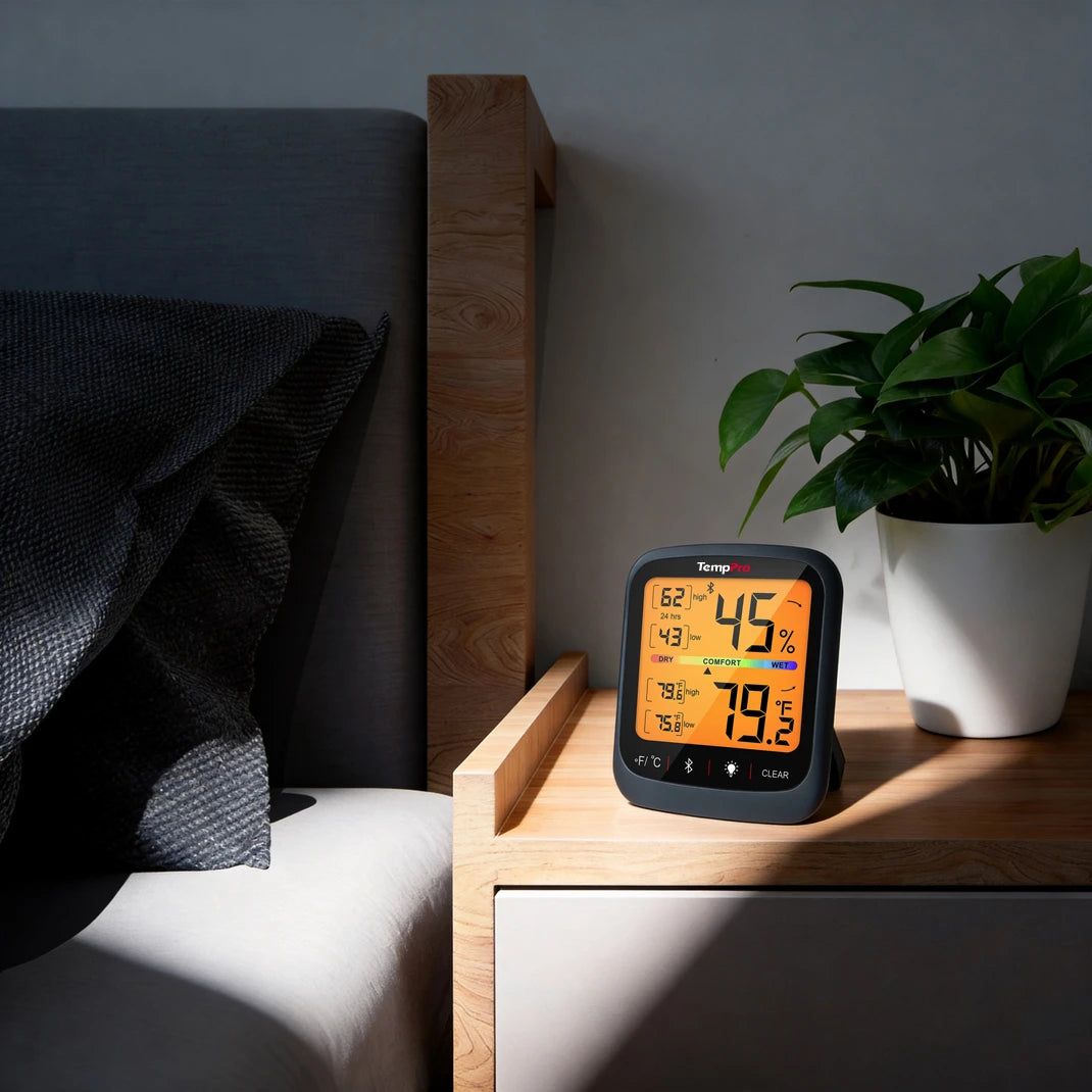 Thermomètre et hygromètre d'intérieur Bluetooth TempPro TP359W — 80m, capteur suisse, noir · Édition magasin
