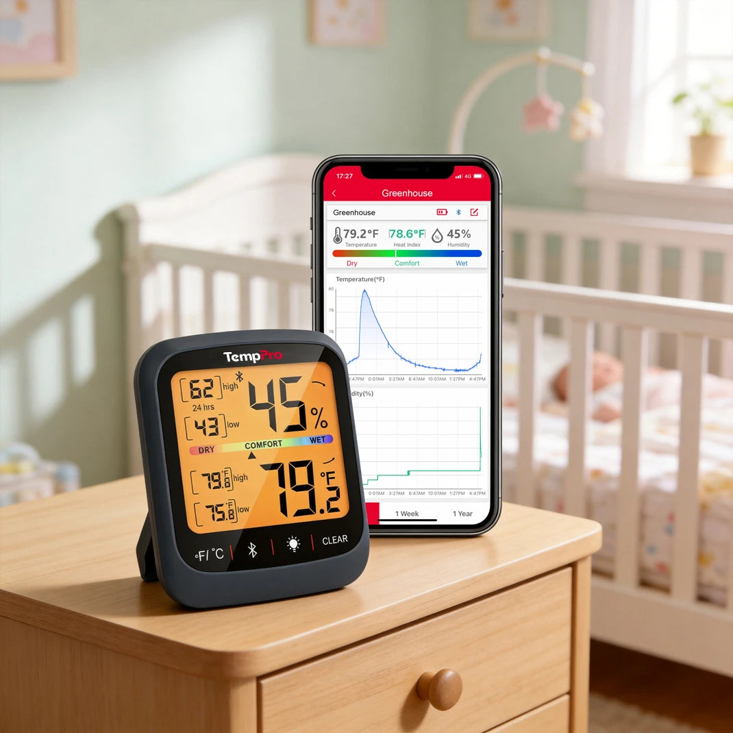 Thermomètre et hygromètre d'intérieur Bluetooth TempPro TP359W — 80m, capteur suisse, noir · Édition magasin