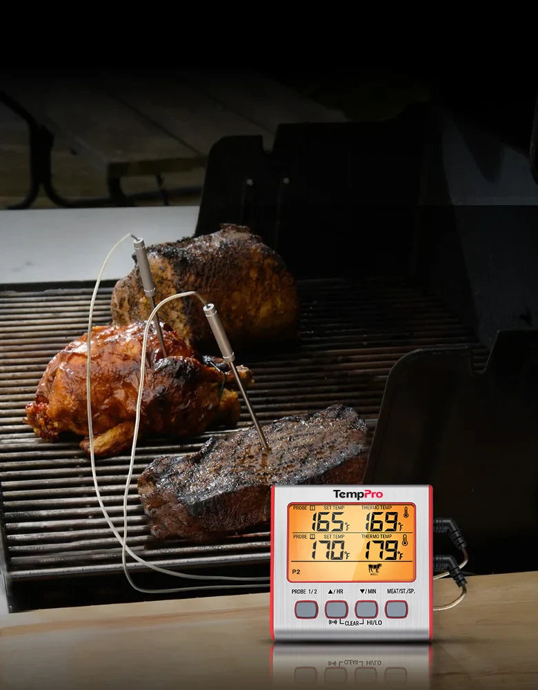 Thermomètre à viande numérique TP17W avec deux sondes et mode minuterie Thermomètre pour fumoir et gril avec grand écran LCD