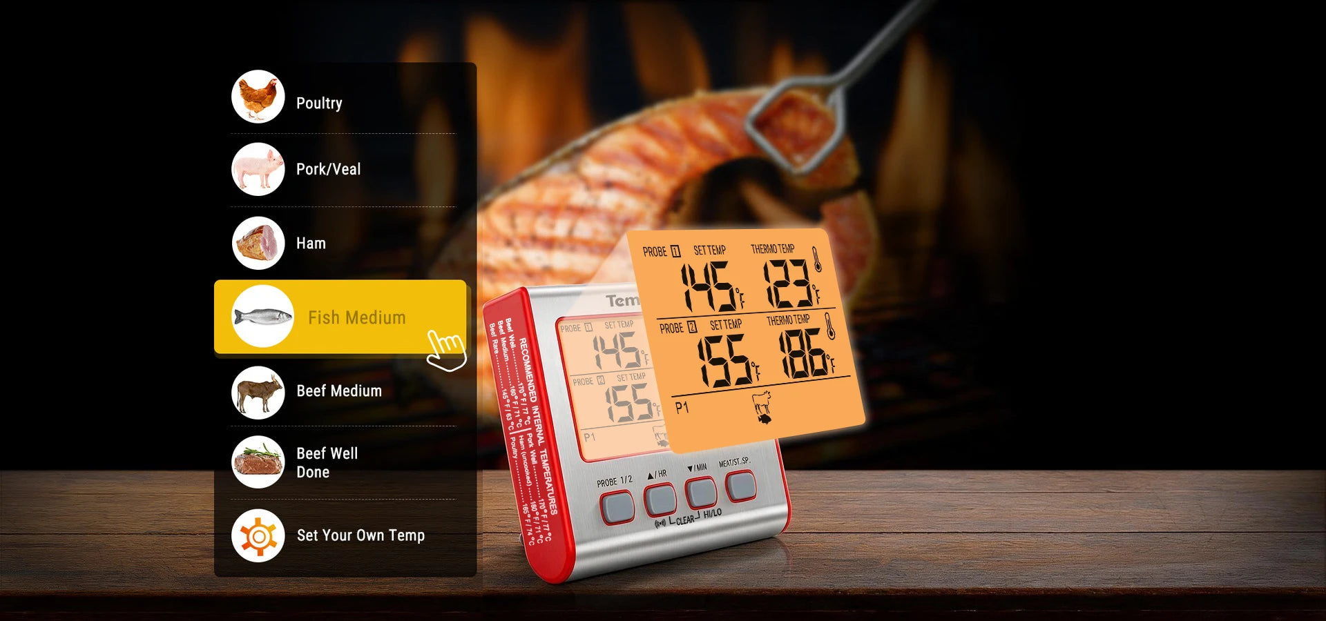 Thermomètre à viande numérique TP17W avec deux sondes et mode minuterie Thermomètre pour fumoir et gril avec grand écran LCD