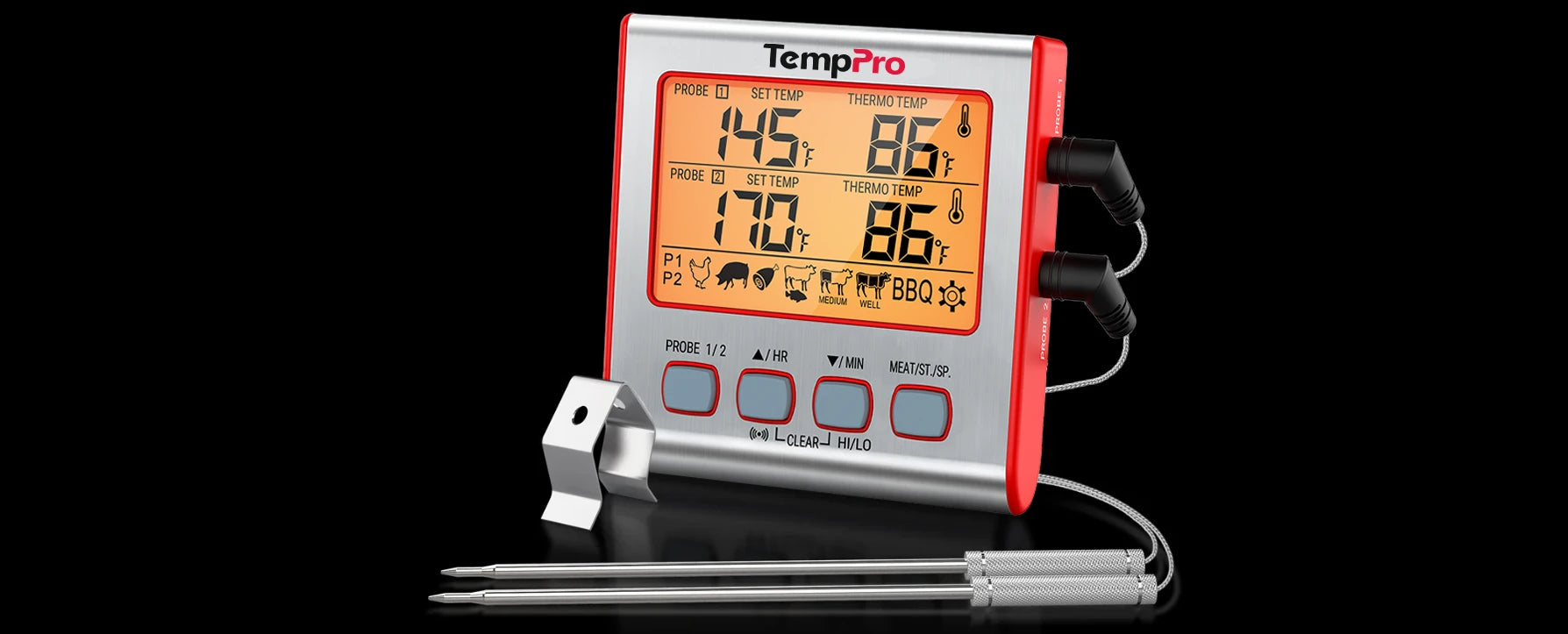Thermomètre à viande numérique TP17W avec deux sondes et mode minuterie Thermomètre pour fumoir et gril avec grand écran LCD