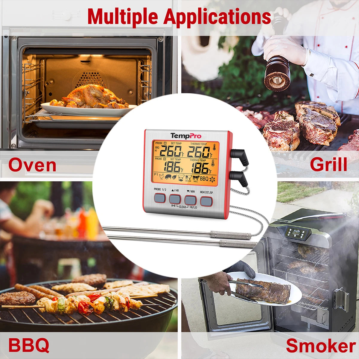 Thermomètre à viande numérique TP17W avec deux sondes et mode minuterie Thermomètre pour fumoir et gril avec grand écran LCD