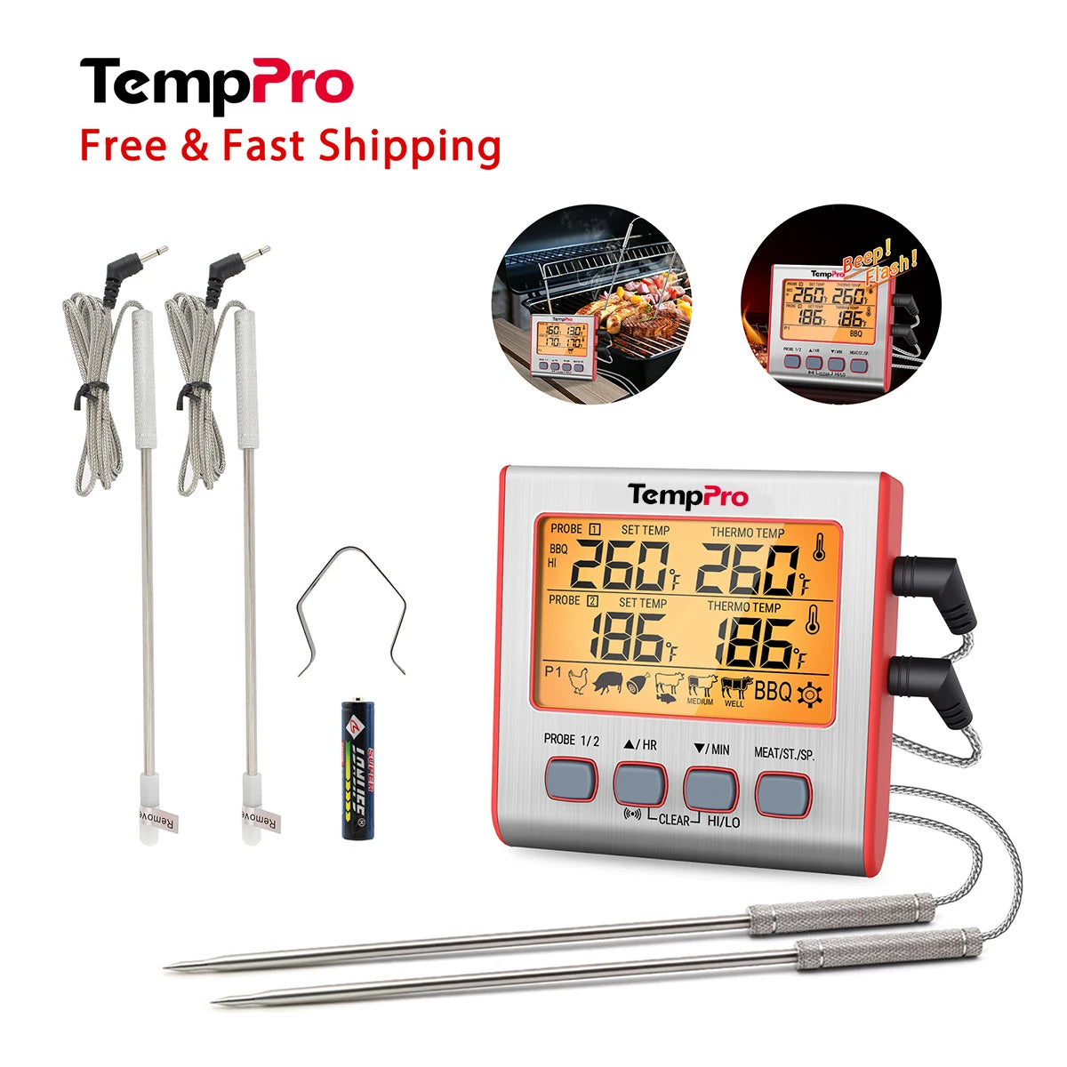 Thermomètre à viande numérique TP17W avec deux sondes et mode minuterie Thermomètre pour fumoir et gril avec grand écran LCD