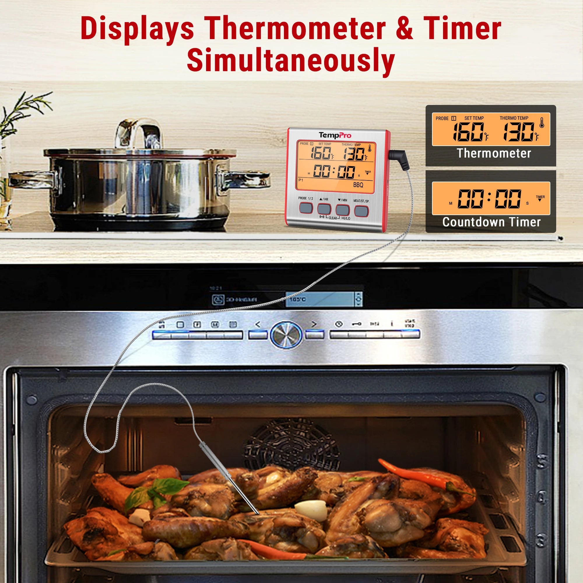 Thermomètre à viande numérique TP17W avec deux sondes et mode minuterie Thermomètre pour fumoir et gril avec grand écran LCD