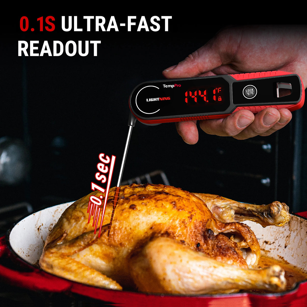 TempPro TP622W Lightning Instant-Read Meat Thermometer — 0.1-Second Read, ±0.5°F, 10-Year Warranty, Red·Store Edition