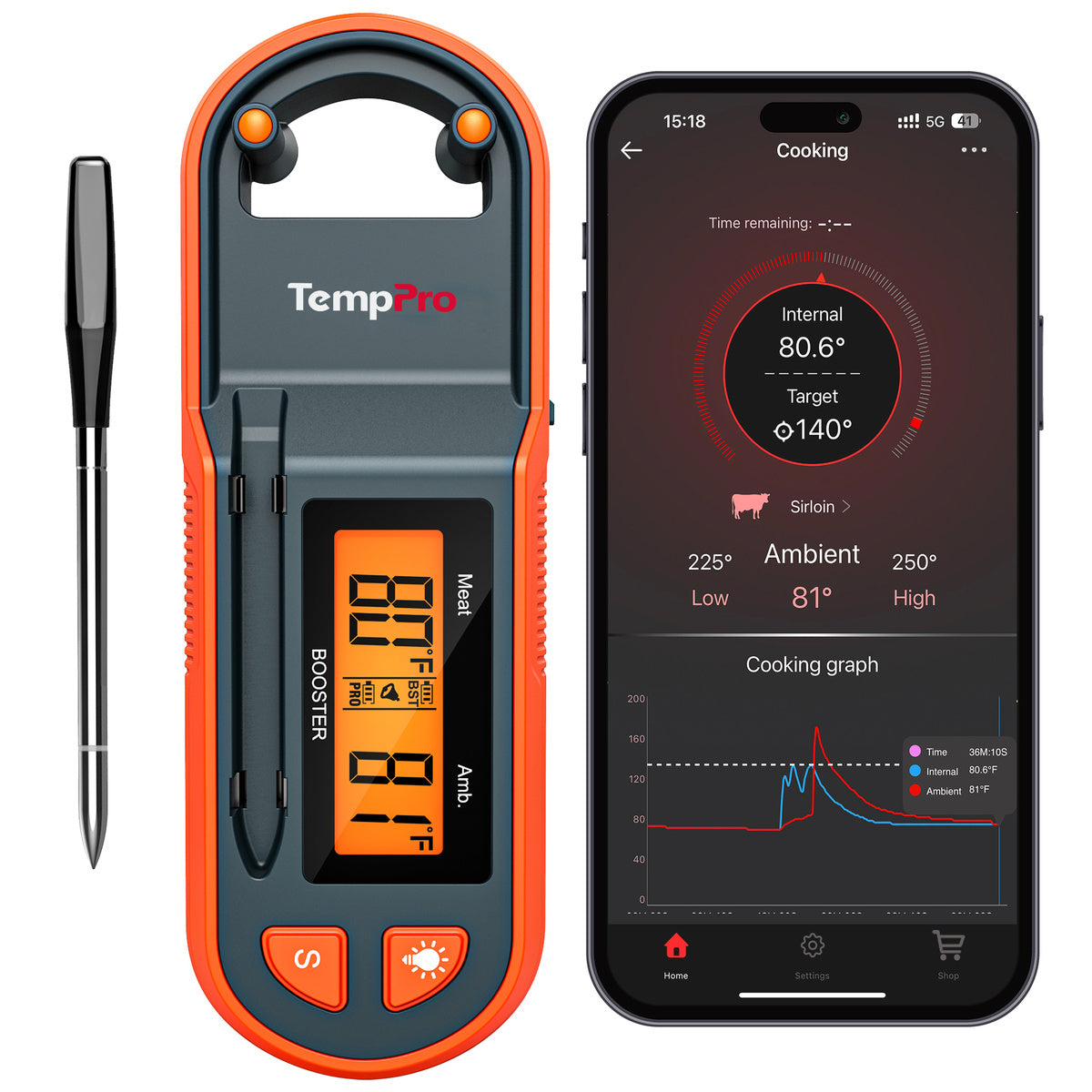 Termómetro de carne inalámbrico inteligente TempPro TempSpike Plus TP971 — Verdaderamente inalámbrico, Bluetooth de largo alcance
