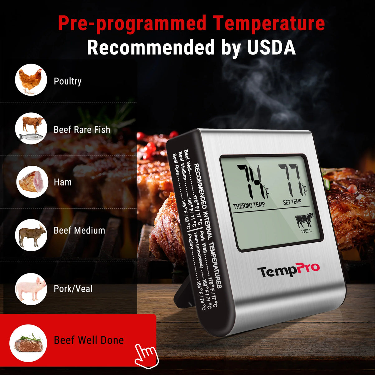 TempPro TempTrack CORE TP16 Leave-In Meat Thermometer — Oven & Grill Safe, Programmable Alarm
