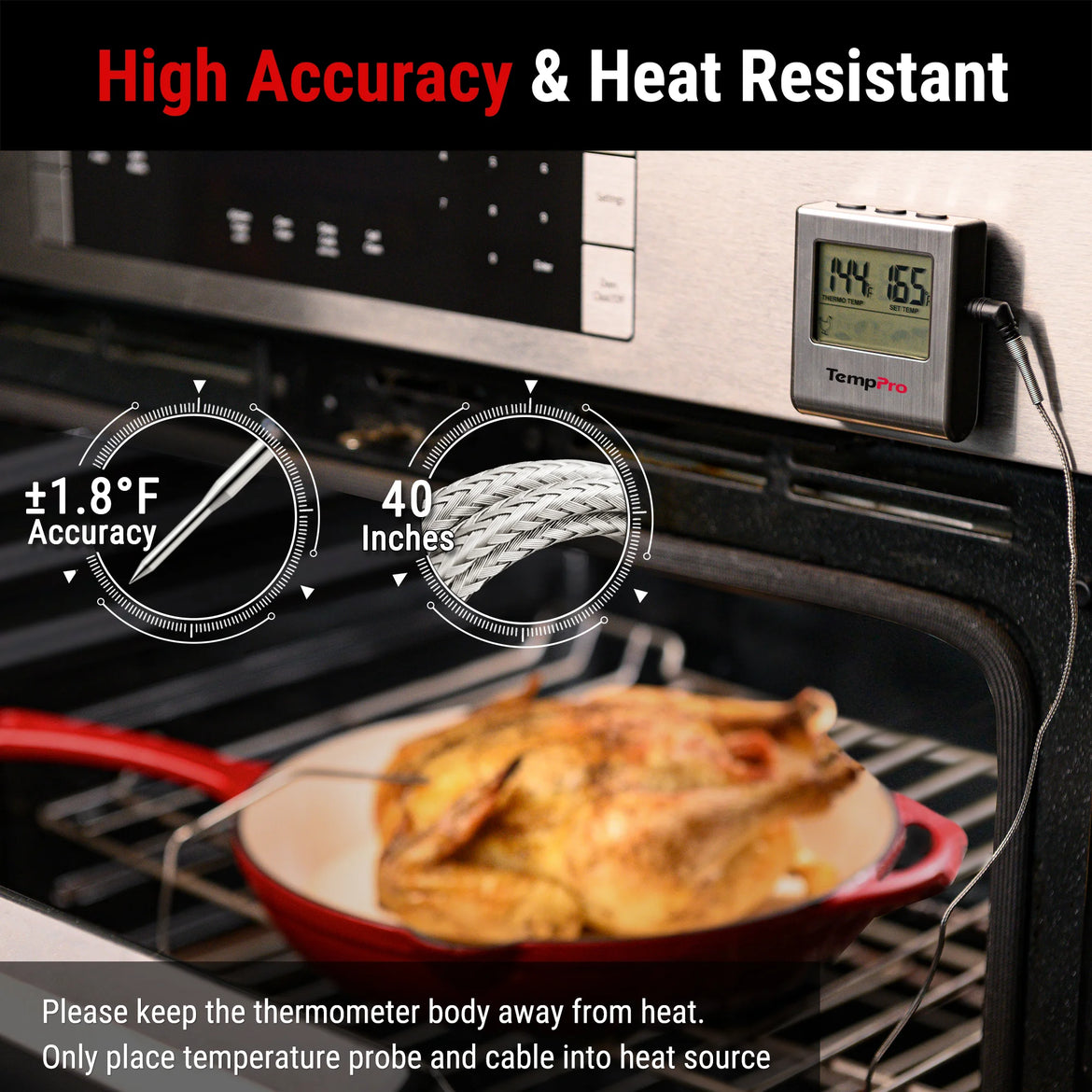 Termómetro para carne TempPro TempTrack CORE TP16 (deja insertado) — Apto para horno y parrilla, alarma programable