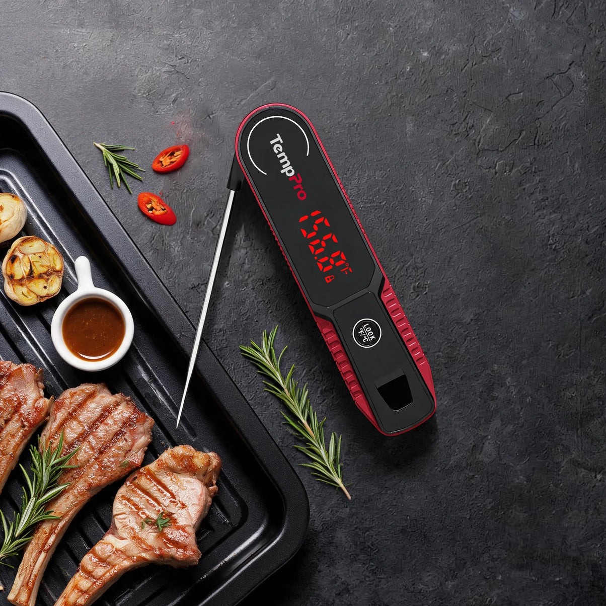 TempPro TP622W Lightning Instant-Read Meat Thermometer — 0.1-Second Read, ±0.5°F, 10-Year Warranty, Red·Store Edition