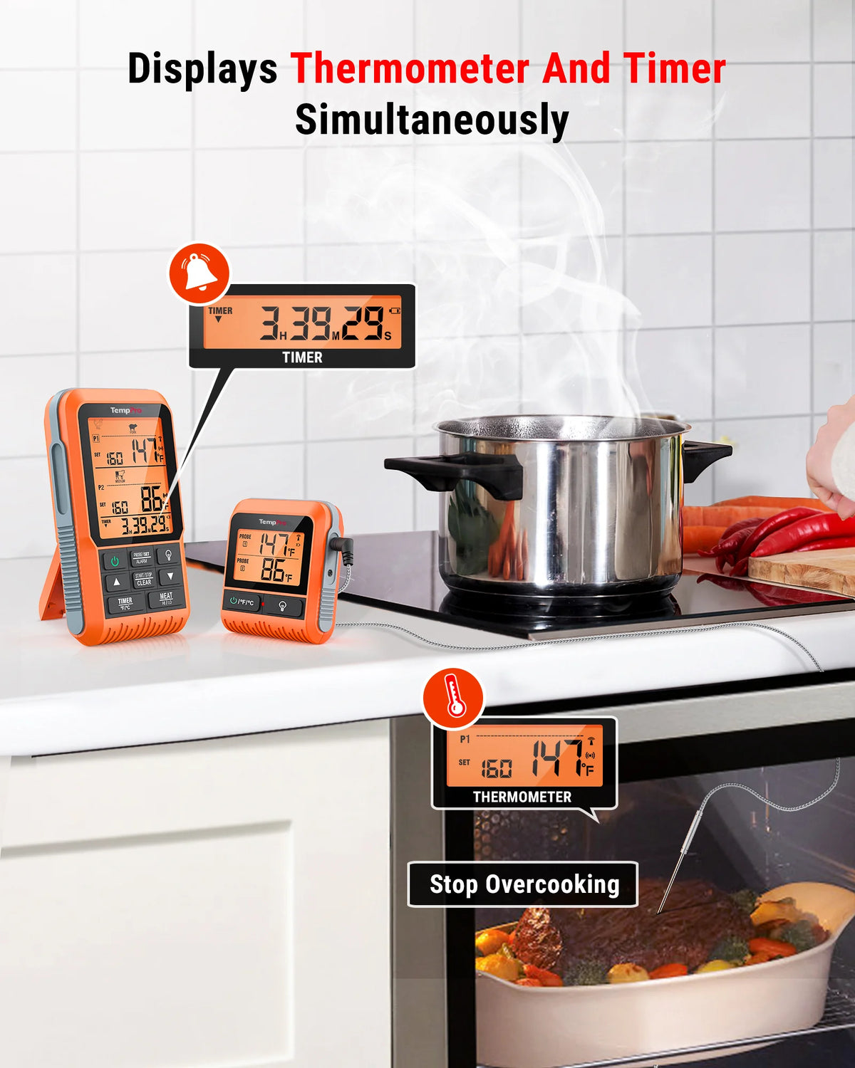 TempPro TempSync PLUS TP826 Wireless Meat Thermometer — 500FT RF Range, Dual Probes & BBQ Mode