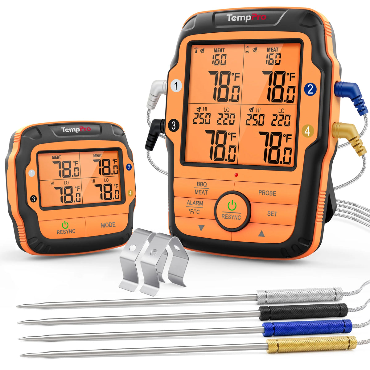 TempPro TempSync PLUS TP827B Wireless Meat Thermometer — 1000FT RF Range, 4 Color-Coded Probes