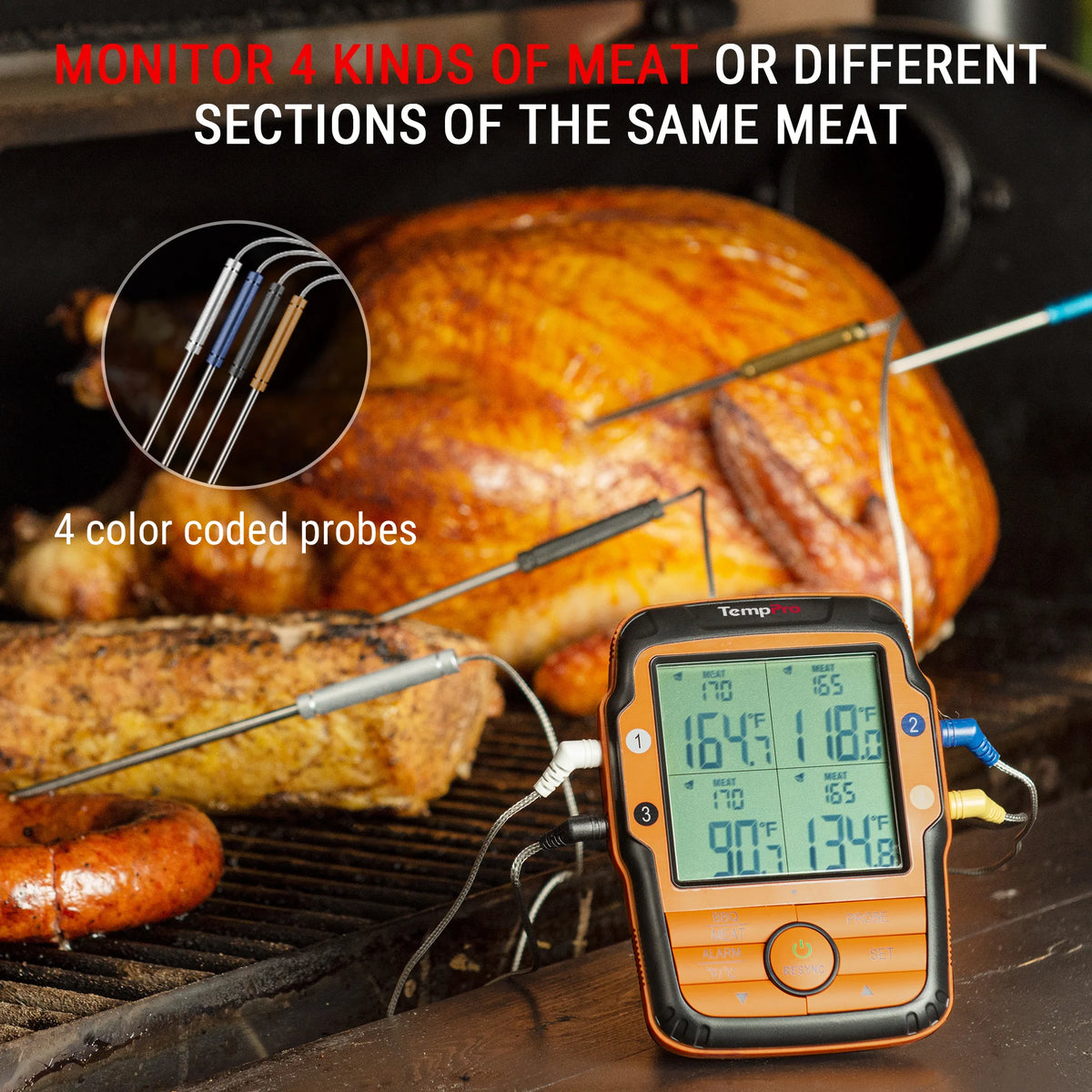 TempPro TempSync PLUS TP827B Wireless Meat Thermometer — 1000FT RF Range, 4 Color-Coded Probes