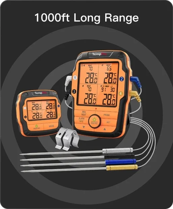 TempPro TempSync PLUS TP827B Wireless Meat Thermometer — 1000FT RF Range, 4 Color-Coded Probes