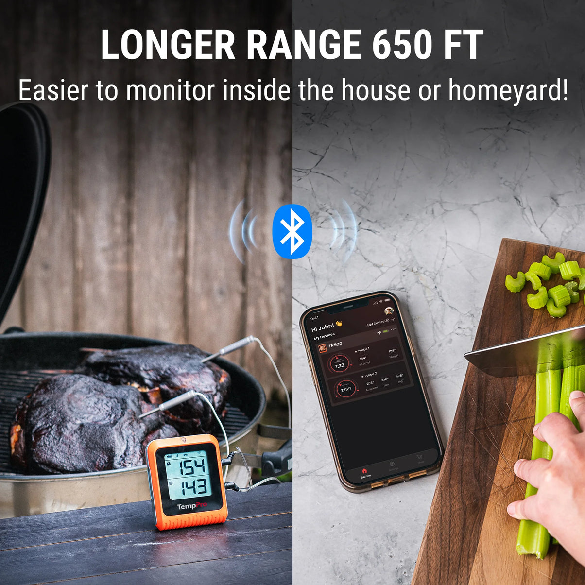 Thermomètre à viande Bluetooth TempPro TP920 + Thermomètre à lecture instantanée TP620 + Hygromètre TP358 — Lot