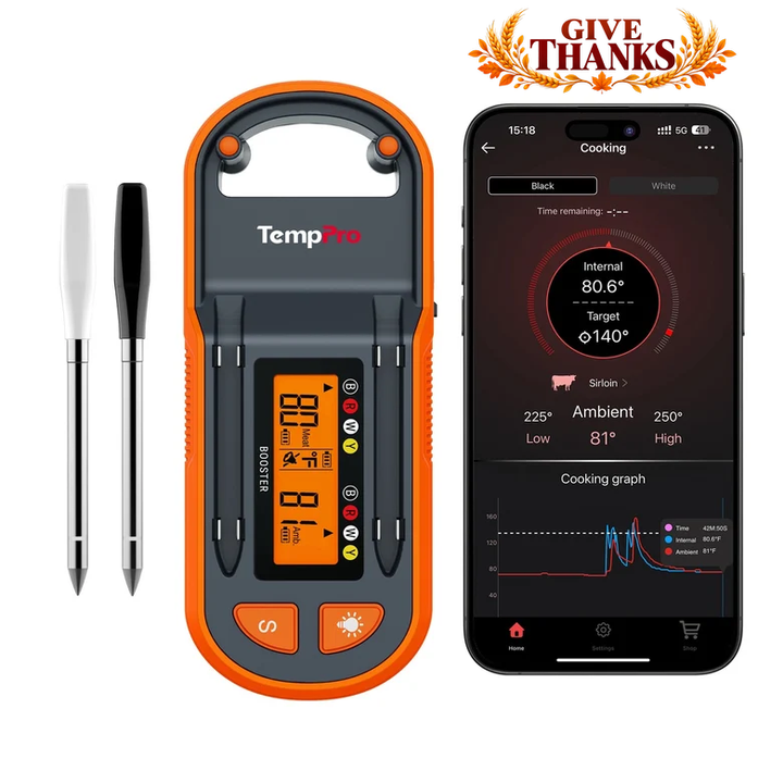 Termómetro de carne inalámbrico inteligente TempPro Twin TempSpike Plus TP972 — Sonda dual, Bluetooth de largo alcance